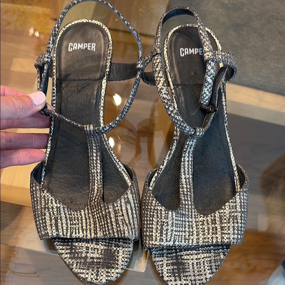Camper grey and silver textured Sandals with rubber heel